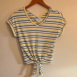 Blue and Yellow Striped V-Neck Tee